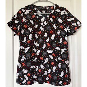 Koi Basics Black Scrub Top Halloween Size Small 2 Pockets Ghosts Spiderwebs Pump